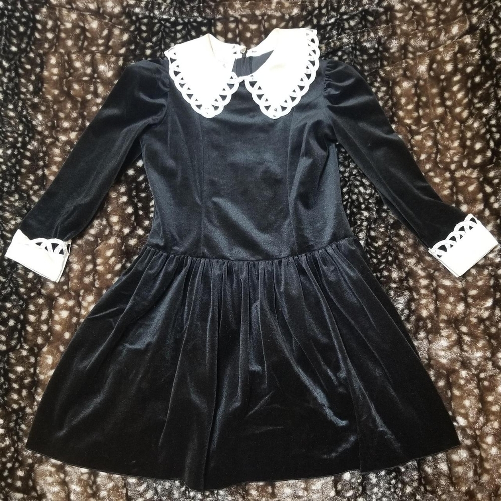 Miss Victoria black velvet dress w/ satin collar and cuffs